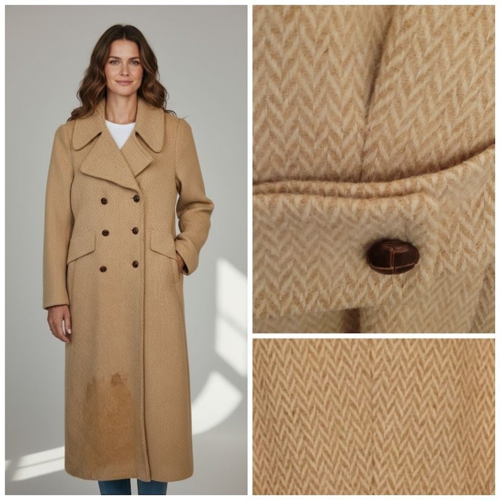 Antique Herringbone Double Breasted Long Wool Coat Women Sz‎ XS READ DESC